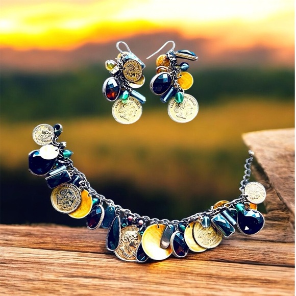 Coin Charm Bracelet, Pendant and Earrings Mixed Media, Jewels, Rhinestones - Picture 3 of 16